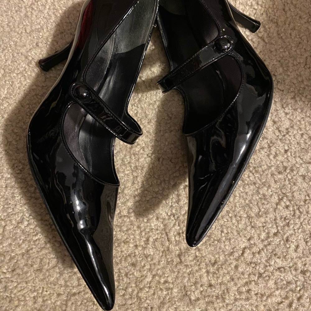 Black patent leather strap heels